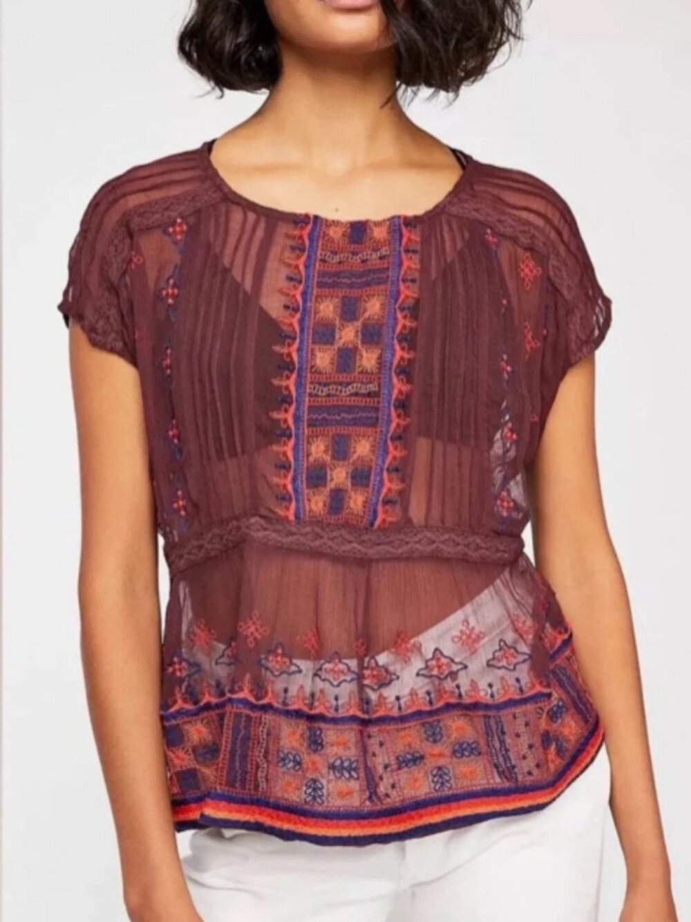 Free People Sheer Purple Orange Blue Embroidered Sun Lace Trim Blouse EUC